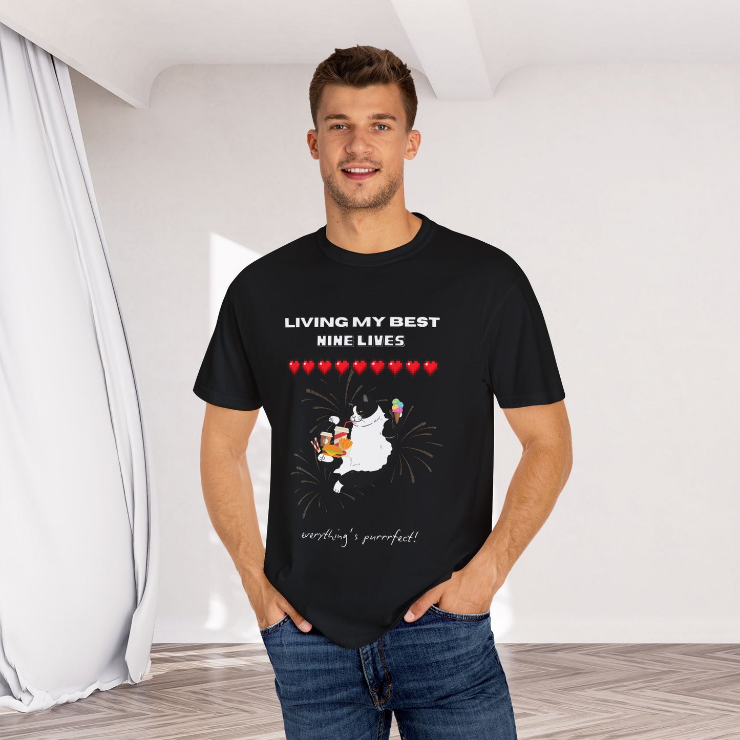 "Living My Best 9 Lives" Funny Cat Tee