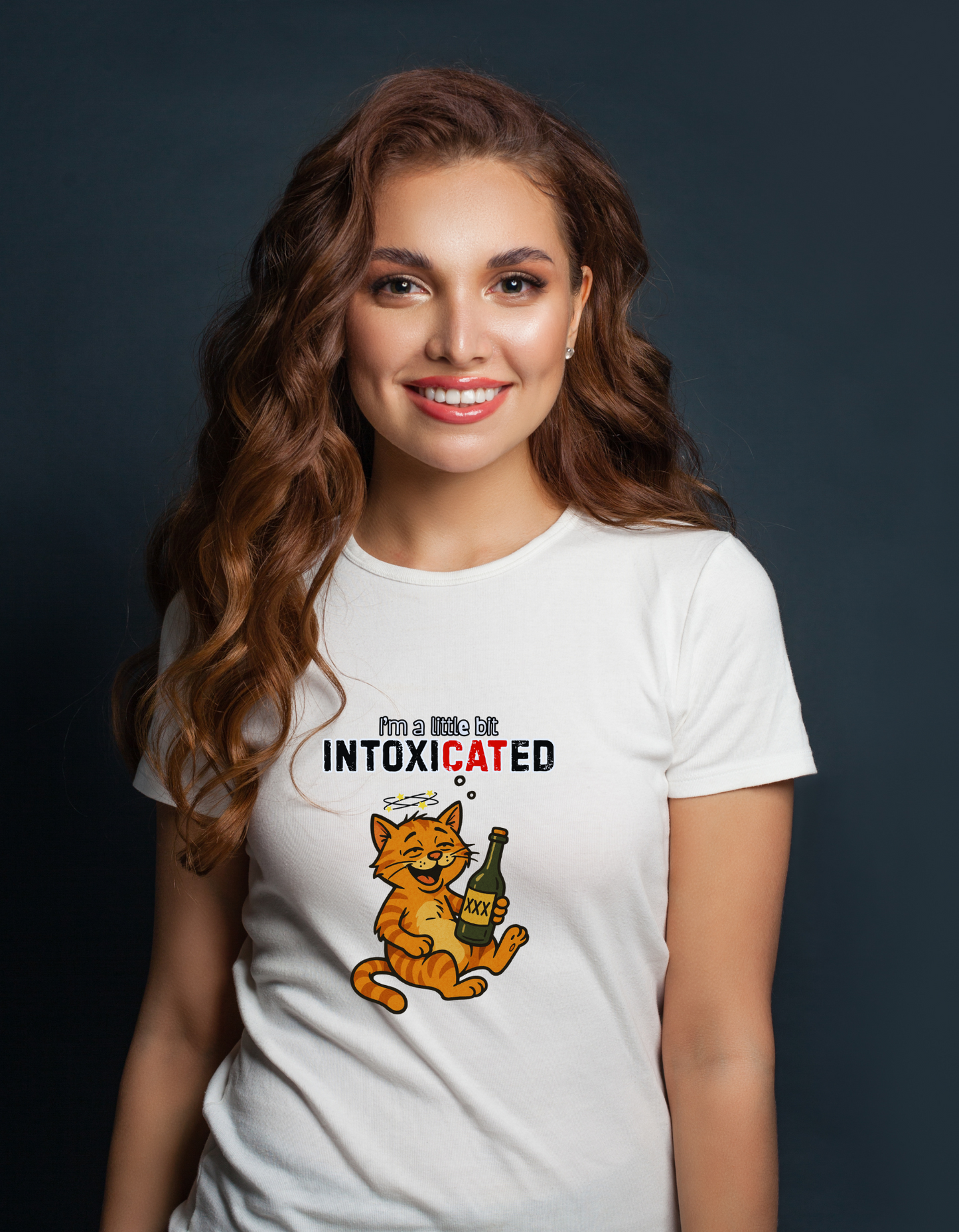 Beautiful woman wearing a white t-shirt with a cat graphic design and text on a dark background