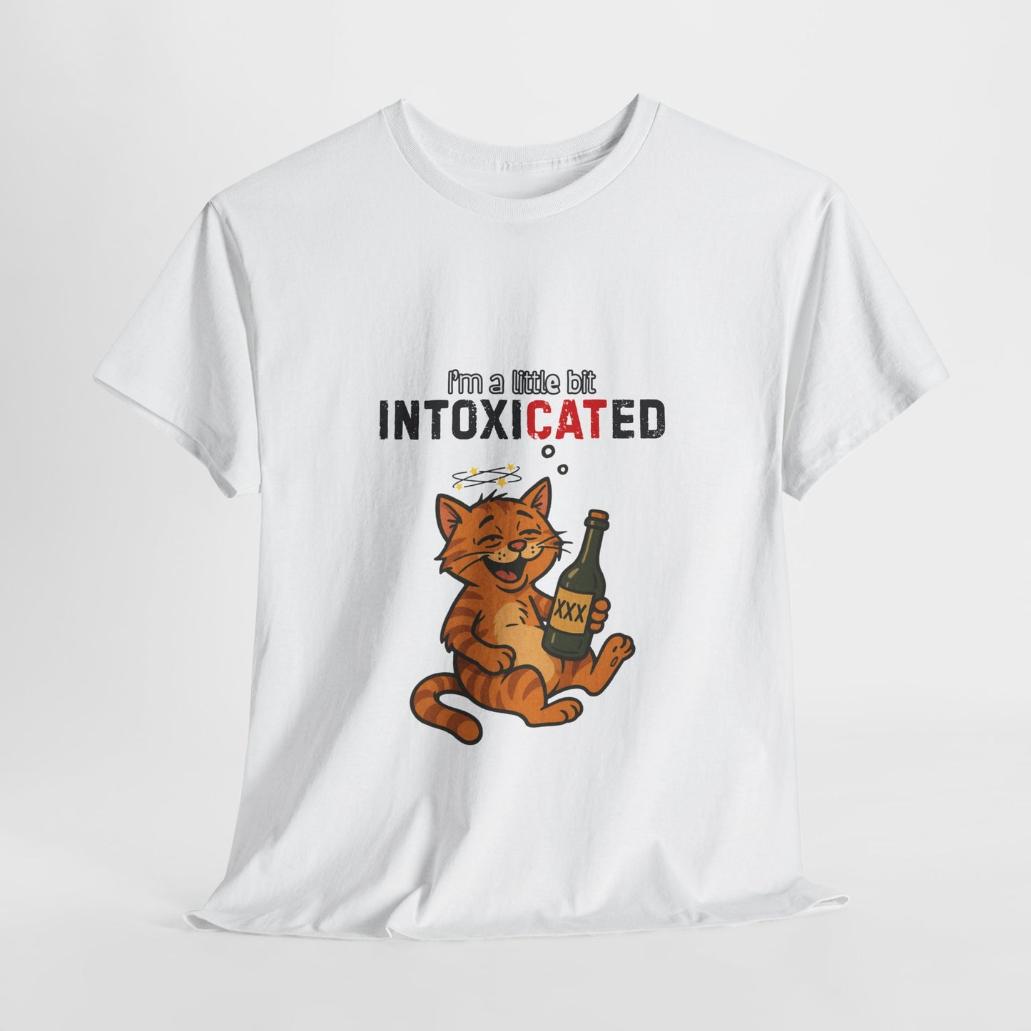 White t-shirt with a cartoon cat holding a bottle and text 'I'm a little bit INTOXICATED' on a white background
