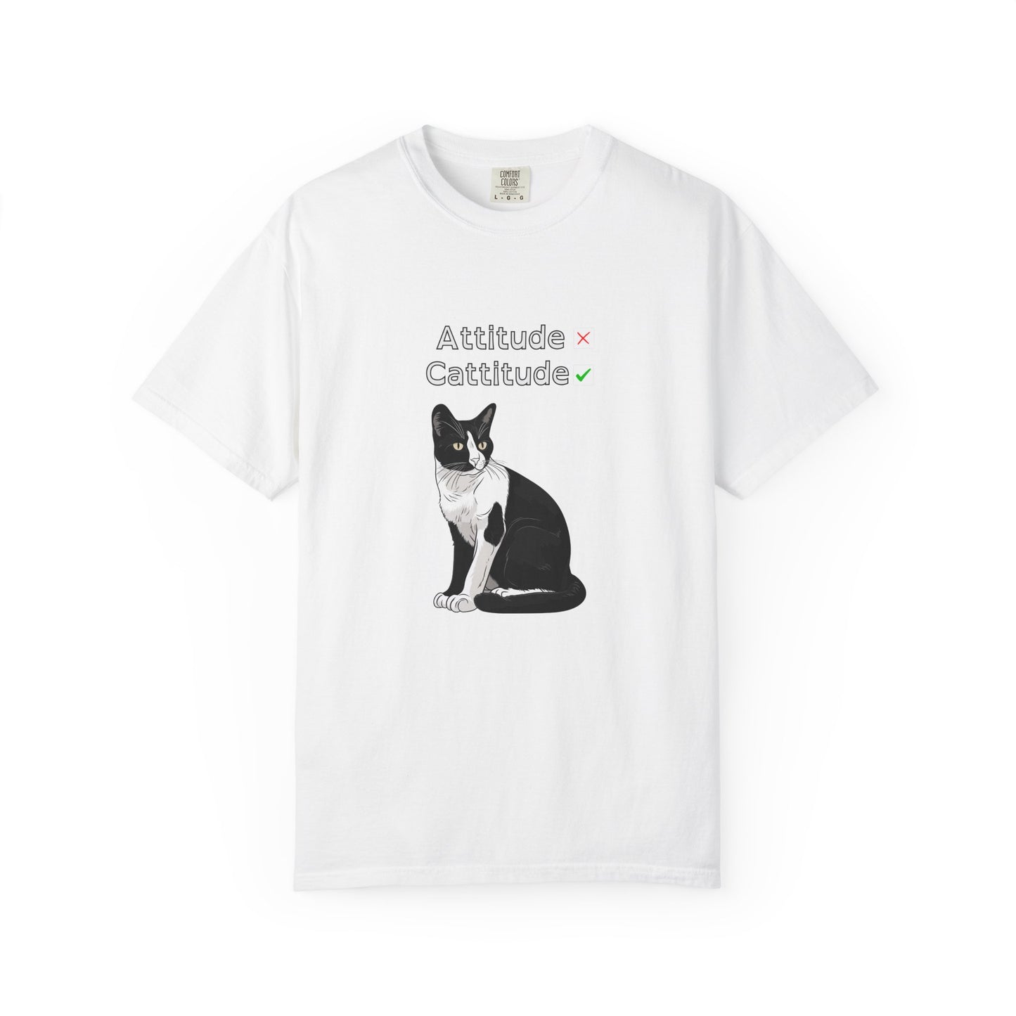 White t-shirt with a black and white cat graphic and text on a white background