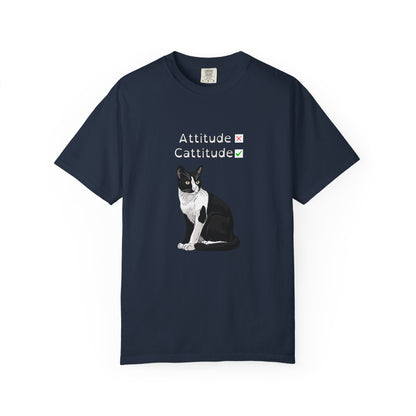 Navy blue t-shirt with a cat graphic and text on a white background