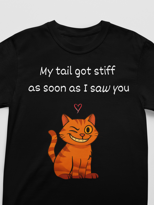 Black t-shirt with an orange cat graphic and text on a white background
