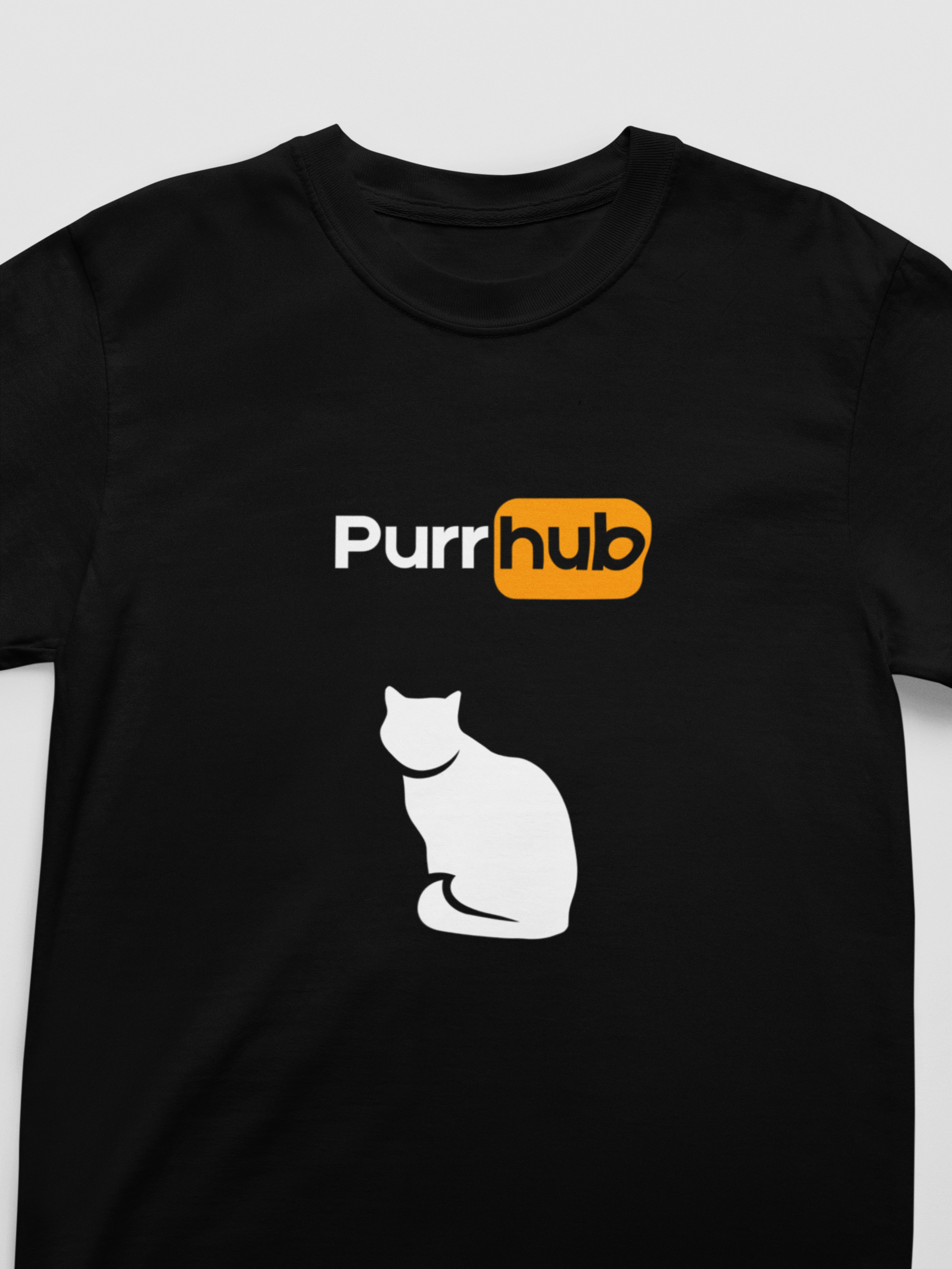 Black t-shirt with 'Purrhub' logo and white cat silhouette on a gray background