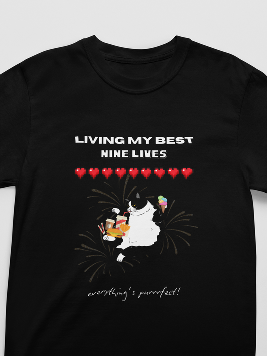 "Living My Best 9 Lives" Funny Cat Tee