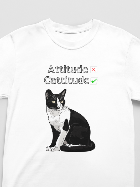 White t-shirt with a black and white cat graphic and text 'Attitude Cattitude' on a gray background