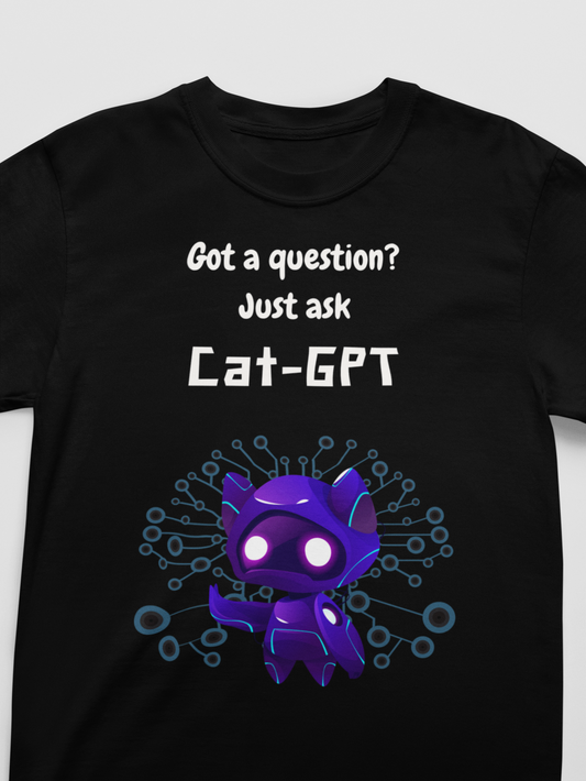 Black t-shirt with a purple cat and text 'Got a question? Just ask Cat-GPT' on a white background