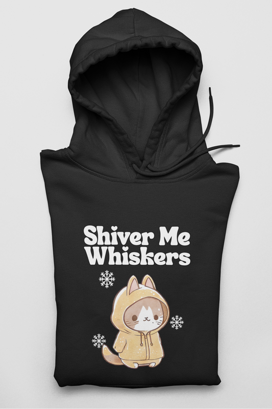 Folded black hoodie with 'Shiver Me Whiskers' text and cartoon cat design on a white background
