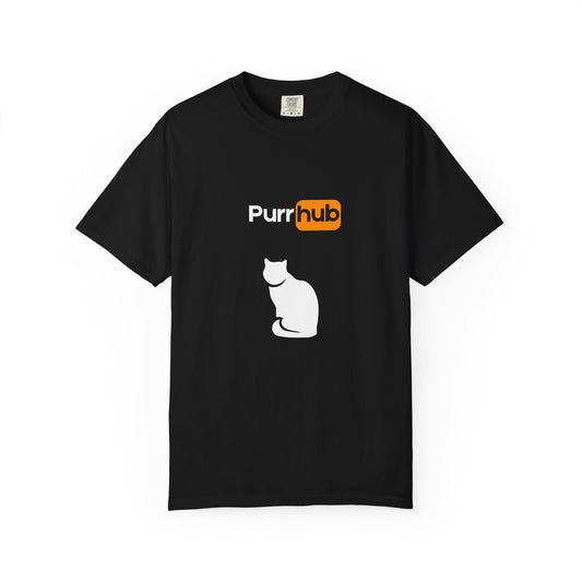 Black t-shirt with 'Purrhub' logo and white cat silhouette on a white background