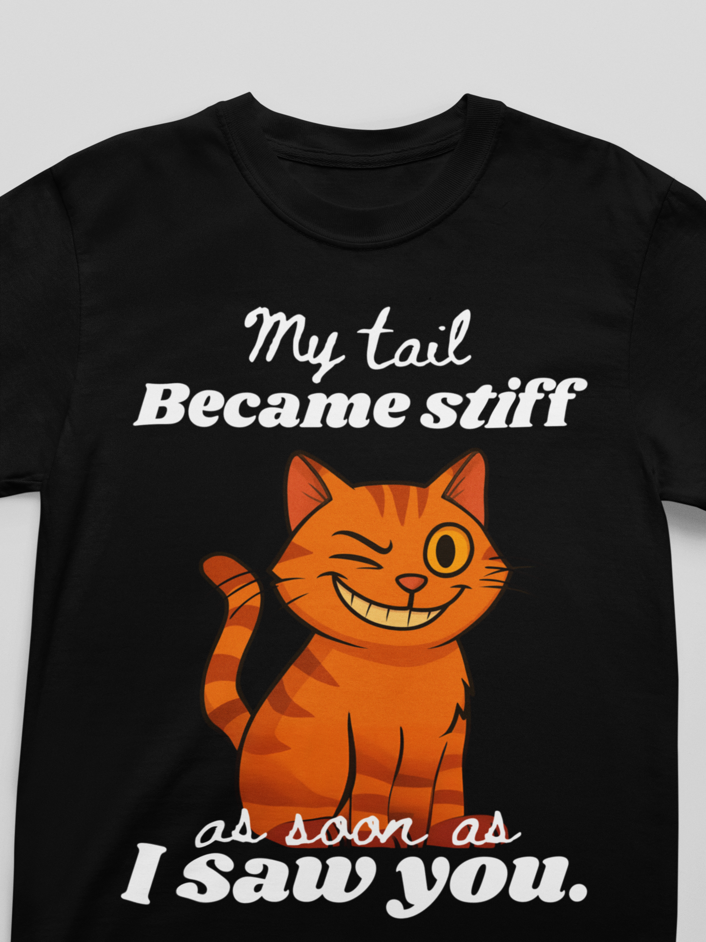 Black t-shirt with a cartoon cat and humorous text on a gray background