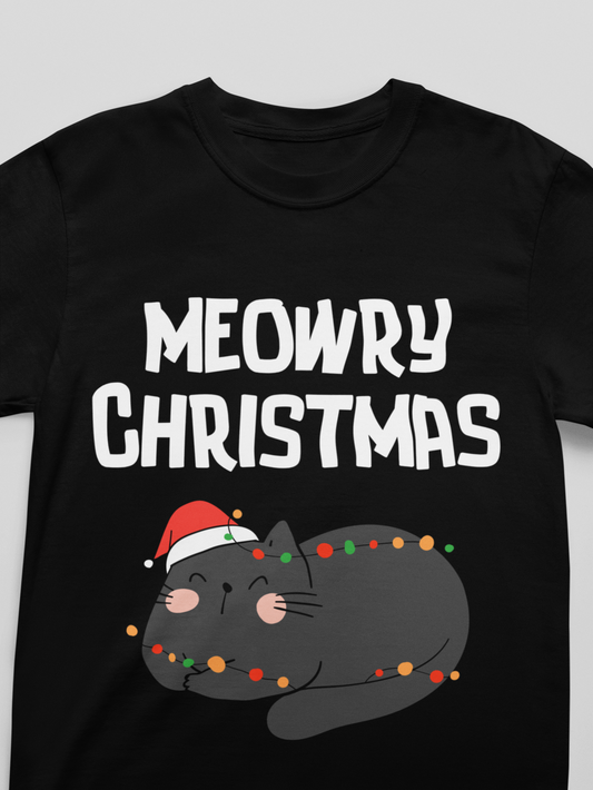 Black t-shirt with a cat wearing a Santa hat and Christmas lights, and 'MEOWRY CHRISTMAS' text.