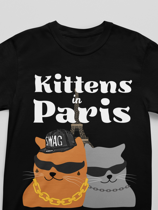 Black t-shirt with 'Kittens in Paris' text and cat graphics on a gray background