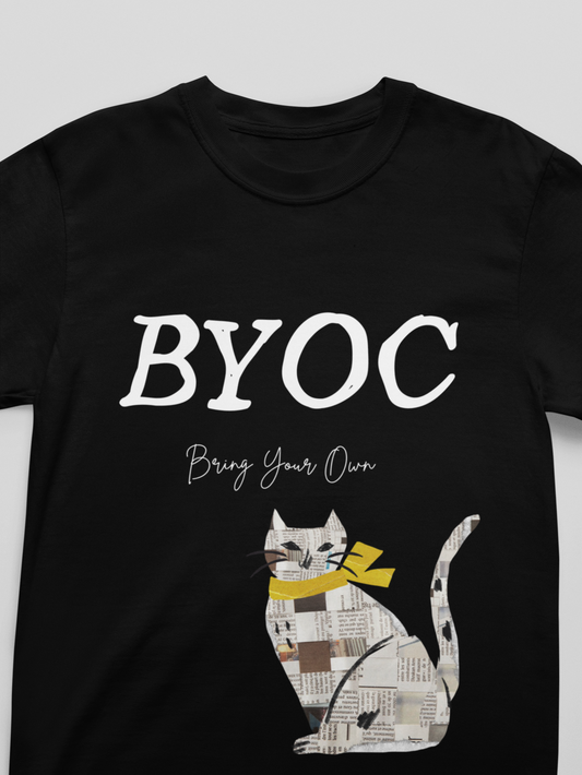 Black t-shirt with a cat graphic and 'BYOC Bring Your Own Cat' text on a gray background