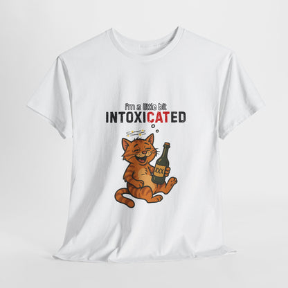 White t-shirt with a cartoon cat holding a bottle and text 'I'm a little bit INTOXICATED' on a white background